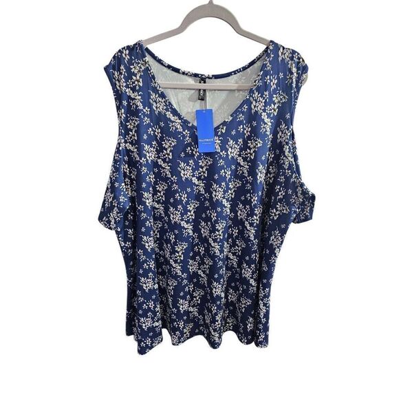 ALLEGRACE Plus Size 2X, Navy Blue Floral Print, Cold-Soulder Blouse. NWT - Picture 4 of 7